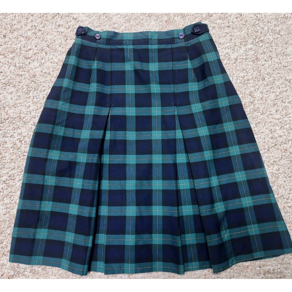 Perm-A-Pleat Girls 12 Plaid Pleated School Uniform Skirt Navy Green 26x23